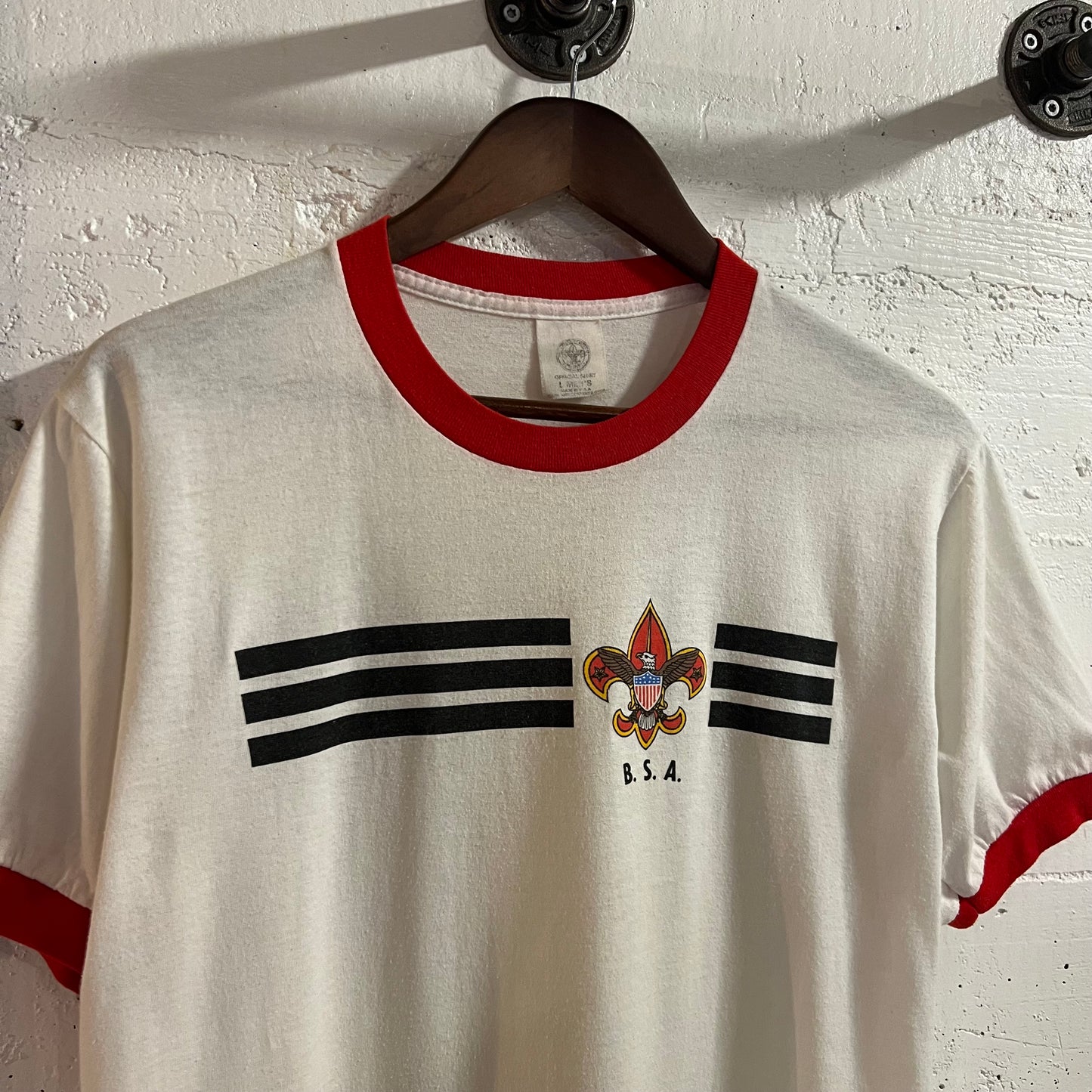 Vintage 80’s Boy Scouts Of America Ringer Single Stitch T-Shirt - Size Large Men’s - Made In USA - White/Red/Black