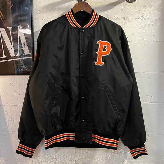 Vintage 90’s Game Sportswear ‘P’ #34 Quilt Lined Bomber Satin Jacket - Size XL - Made In USA - Black/White/Orange
