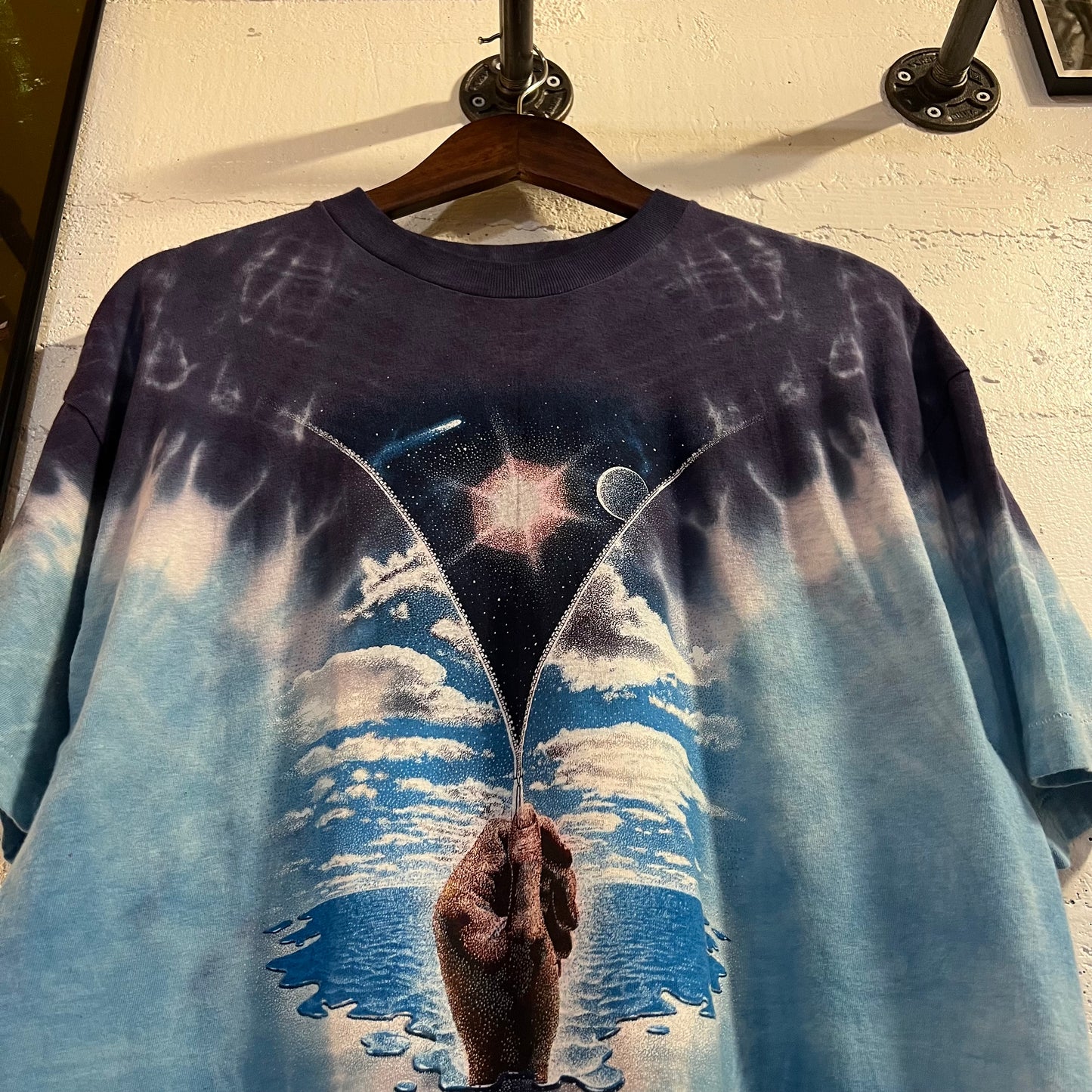 Vintage 1986 Jenshus Tie Dye Cosmic Zipper Single Stitch T-Shirt - Size Large - Made In USA - Blue/Light-Blue
