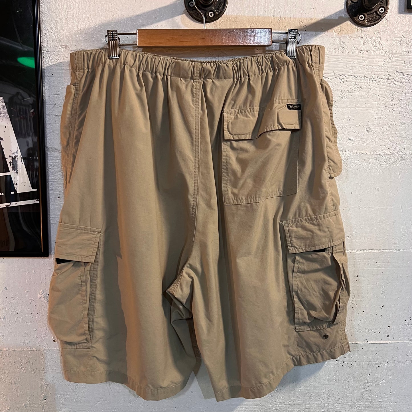 Vintage Polo Sport Nylon Cargo Shorts W/Extendable Waist Belt - Size Large - Khaki Color