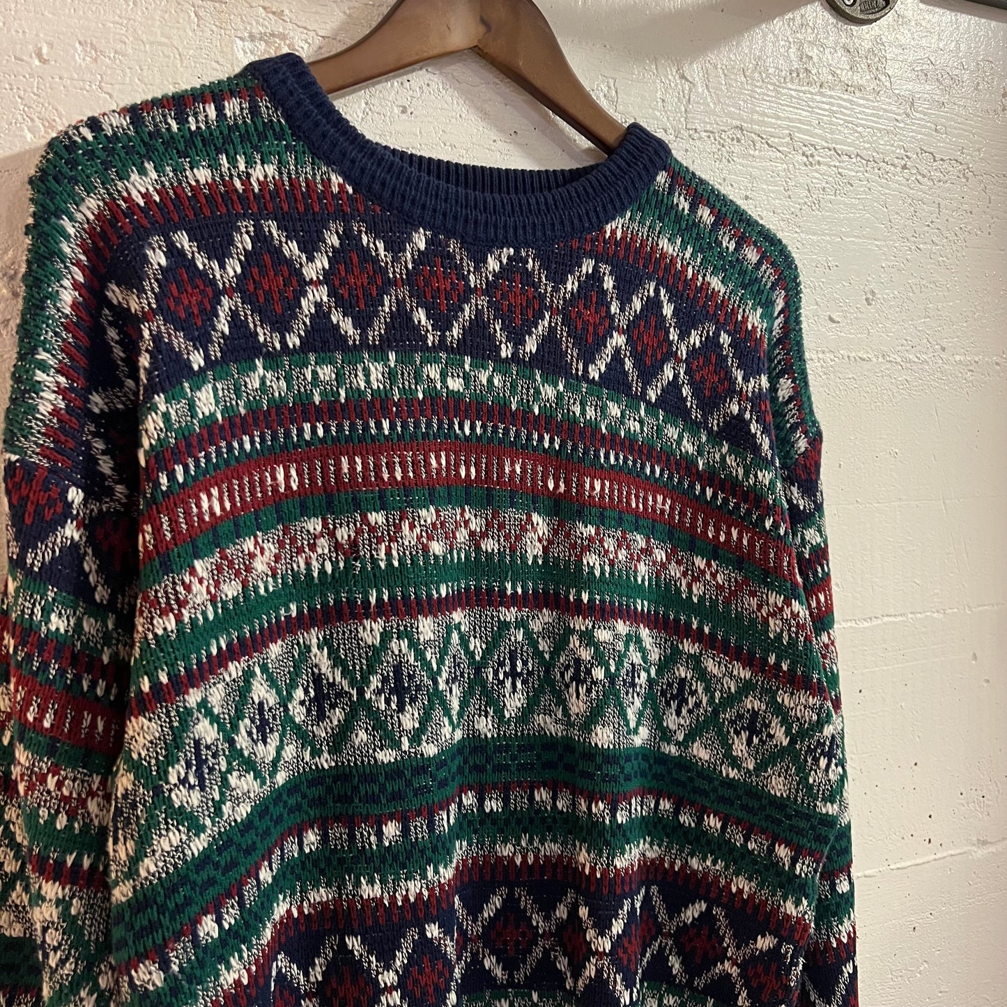 Vintage 80’s/90’s The Men’s Store At Sears Abstract Patterned Knitted Sweater - Size Large - Navy/Red/White/Green