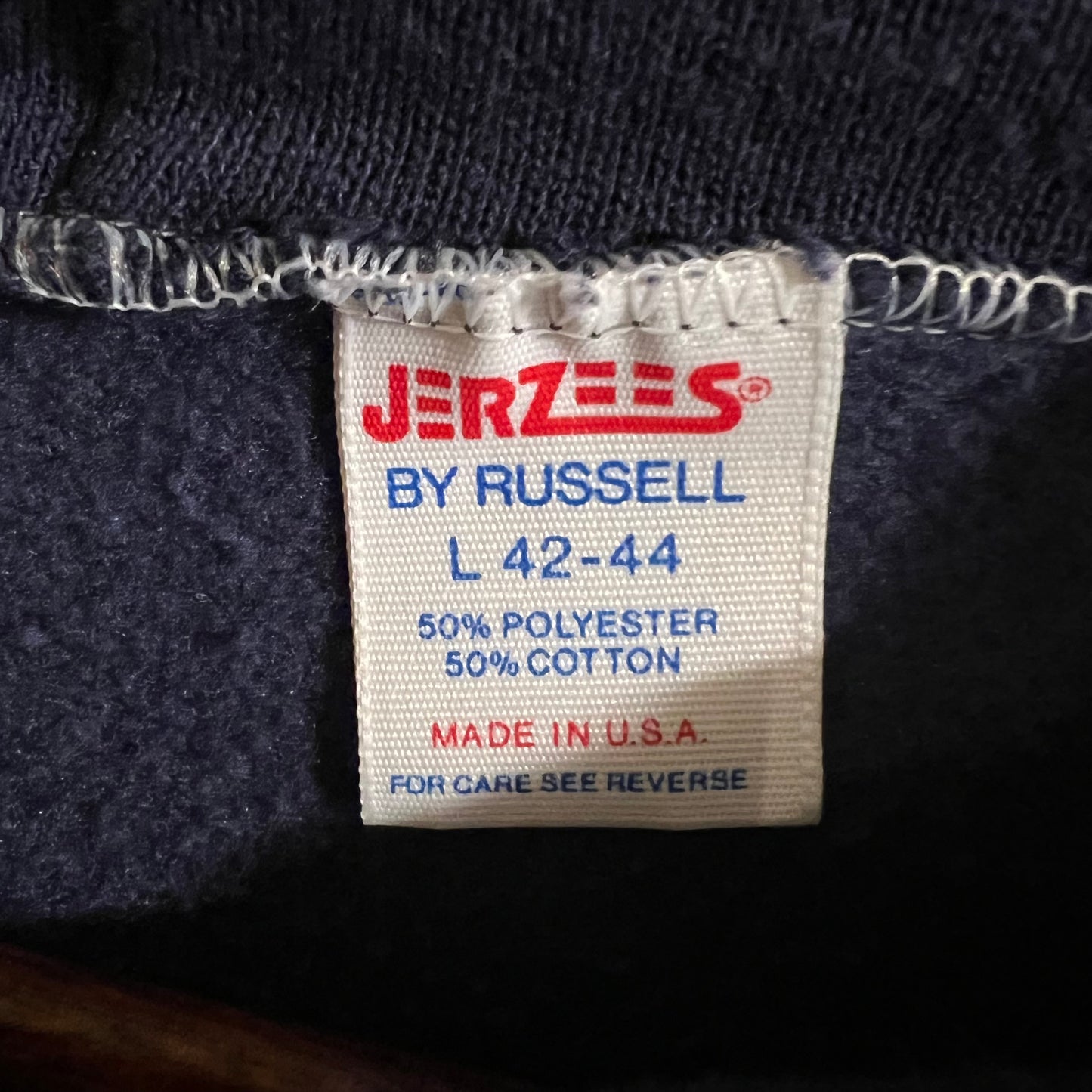 Vintage 80’s Jerzees ‘First Place’ Full Zip Hoodie Sweatshirt - Size Large - Made In USA - Navy
