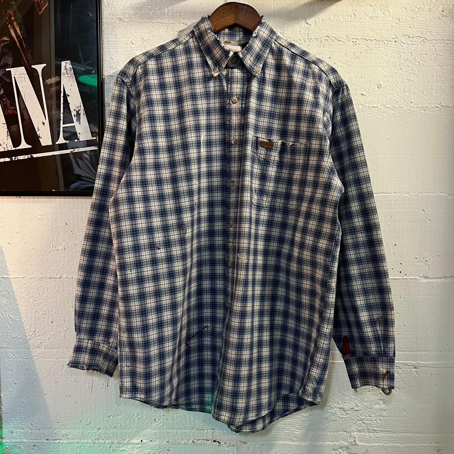 Vintage 90's Distressed Carhartt Painters Shadow Plaid Button Down Shirt - Size Medium - Union Made In USA - Blue/White