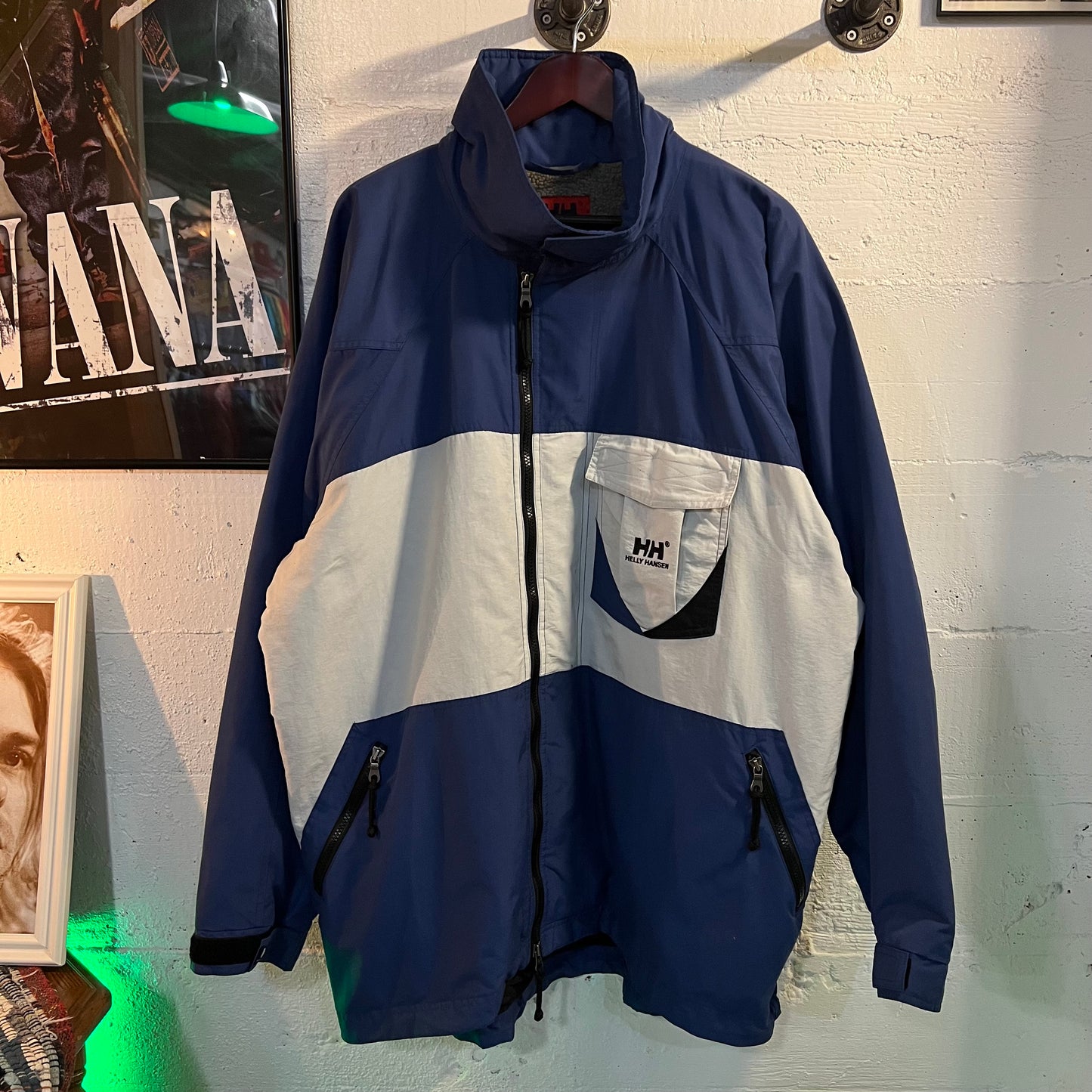 Vintage 90's Helly Hansen Advance Fleece Lined Full Zip Rain Jacket - Size XXL - Blue/White/Black