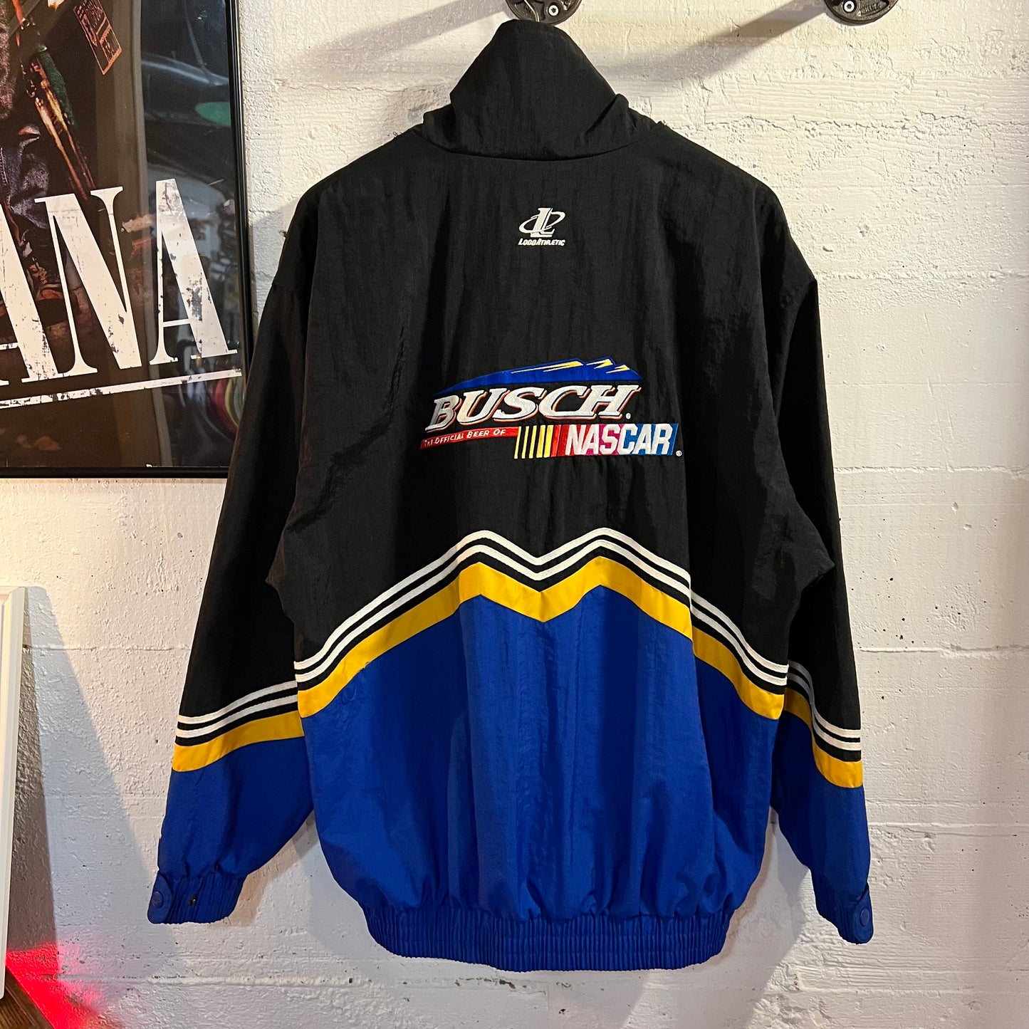 Vintage 90's Logo Athletic Busch Racing Nascar Nylon Windbreaker Jacket - Size Medium - Blue/Yellow