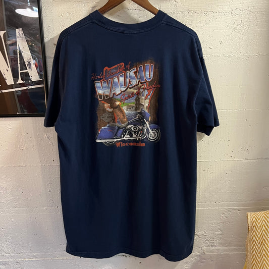 2008 Harley Davidson Wausau, Wisconsin Graphic T-Shirt - Size XL - Navy/Multi