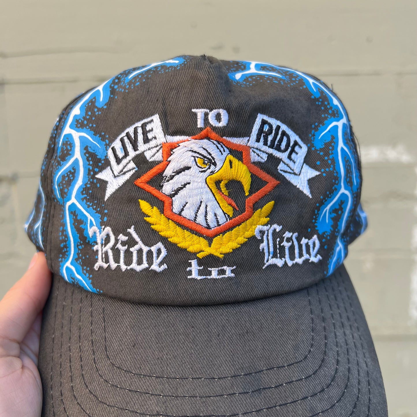 Vintage 'Live To Ride' Screaming Eagle Lightning Snapback Hat - O/S - Black/Blue