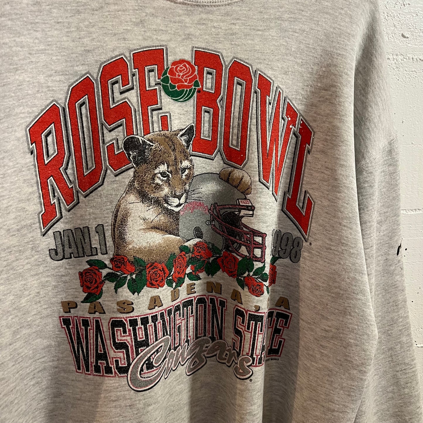 Vintage 1998 Distressed Washington State Cougars ‘Rose Bowl’ Graphic Crewneck Sweatshirt - Size Large - Made In USA - Heather Grey/Multi