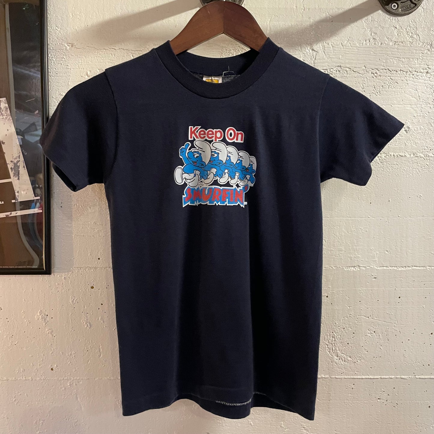 Vintage 1982 Velva Sheen ‘Keep On Smurfin’ Single Stitch Baby Tee - Size Youth Medium (10-12) - Made In USA - Navy
