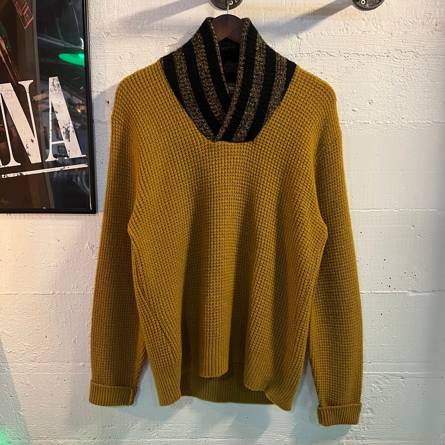 True Vintage 1950's Penney’s Towncraft Lambs Wool Large Shawl Collar Waffle Knit Sweater - Size Large - Mill 8244 - Mustard Yellow/Black