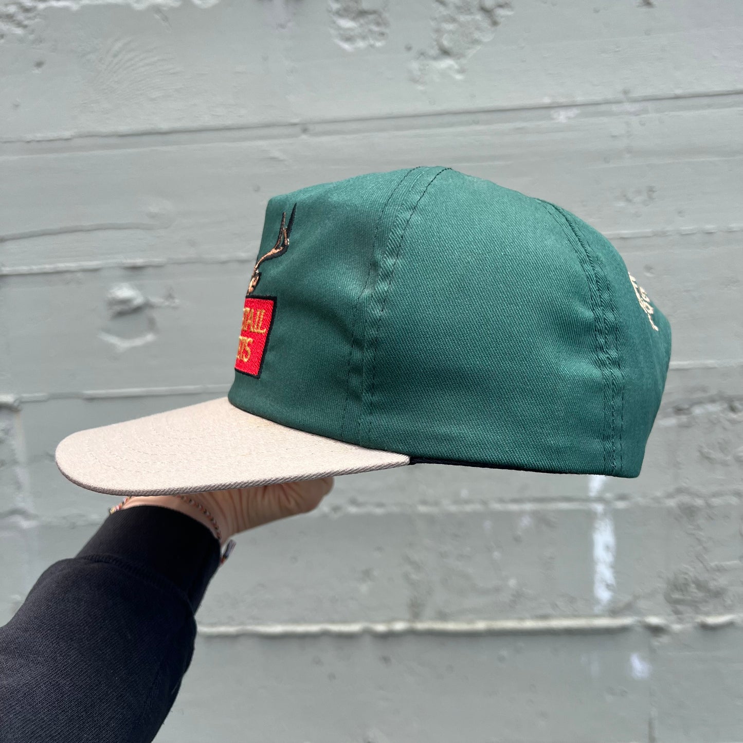 Vintage Embroidered Whitetail Secrets ‘Hunter Services’ 6-Panel Snap Back Trucker Hat - One Size Fits All - Made In USA - Green/Tan/Black