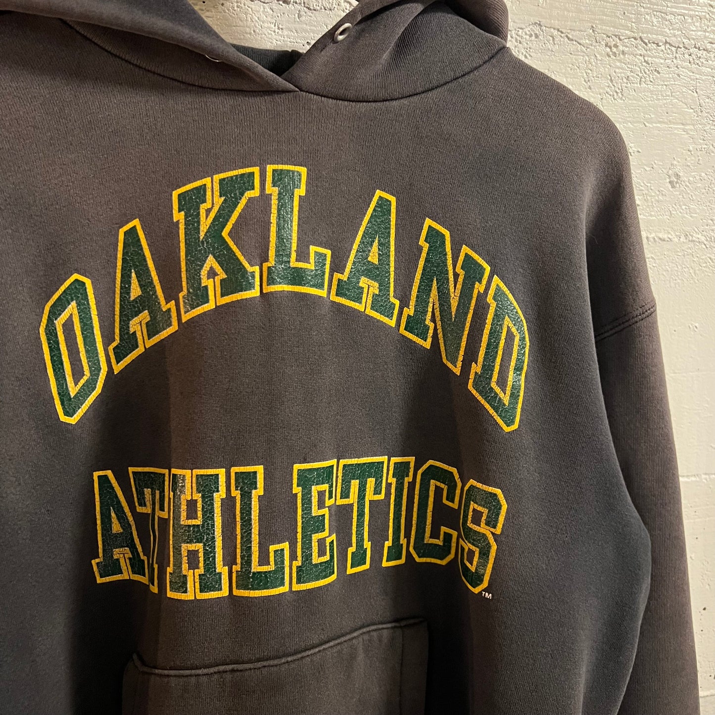 Vintage 90’s Faded Nutmeg Mills Oakland Athletic MLB Hoodie Sweatshirt - Size Large - Made In USA - Black/Green/Yellow