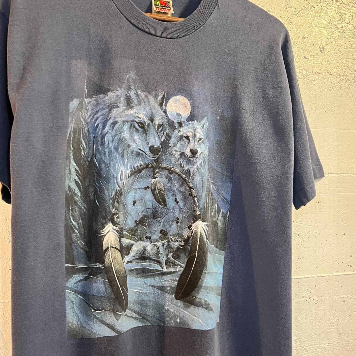 Vintage Nature Wolf Dream Catcher Single Stitch T-Shirt - Size Large - Blue