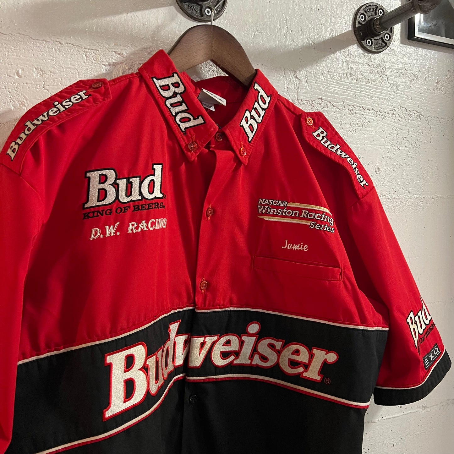 Vintage 90's Budweiser 'King Of Beers-Louie The Chameleon' Nascar Winston Cup Series Embroidered Pit Crew Racing Shirt - Size Large - Made In USA - Red/Multi