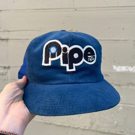 Vintage 80's K-Brand 'Pipe' Corduroy Sewn Patch Mesh Back Trucker Hat - O/S - Made In USA - Blue