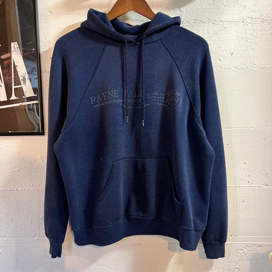 Vintage 1985-86 Distressed Payne Hall Northern Michigan University Raglan Sleeve Hoodie Sweatshirt - Size XL - Made In USA - Navy
