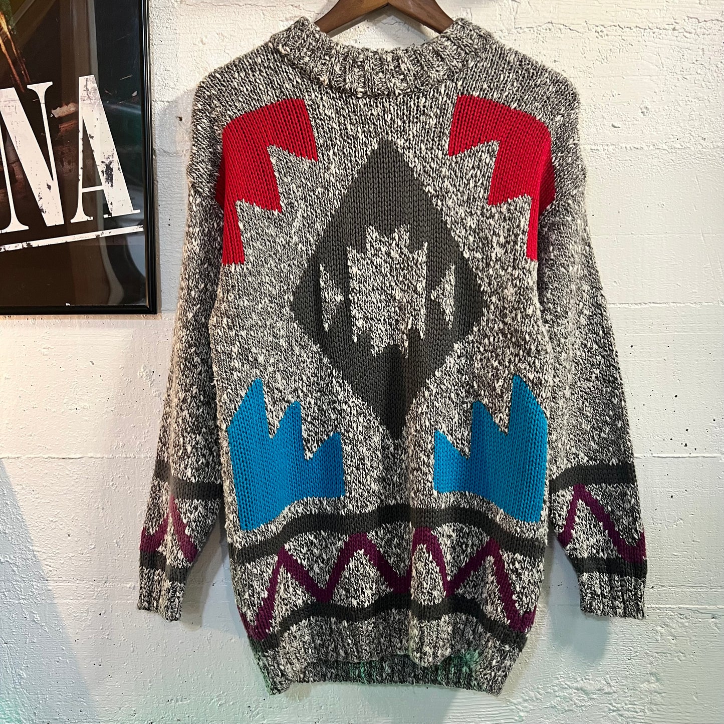 Vintage 1980's Southwestern Intarsia Pattern Knit Crewneck Sweater - Size Medium - Salt & Pepper/Multi