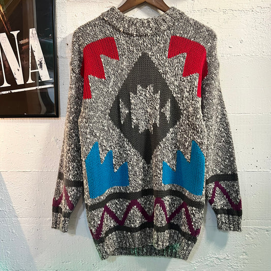 Vintage 1980's Southwestern Intarsia Pattern Knit Crewneck Sweater - Size Medium - Salt & Pepper/Multi