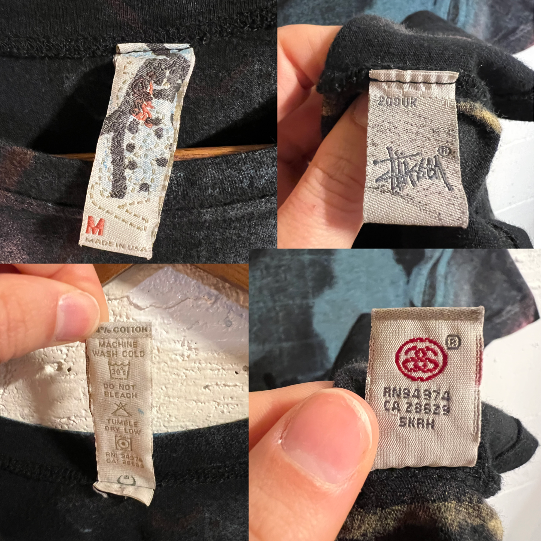 Vintage Y2K Stüssy Womens All Over Print Spray Paint Baby Tee - Size Medium - Made In USA - Black/Multi