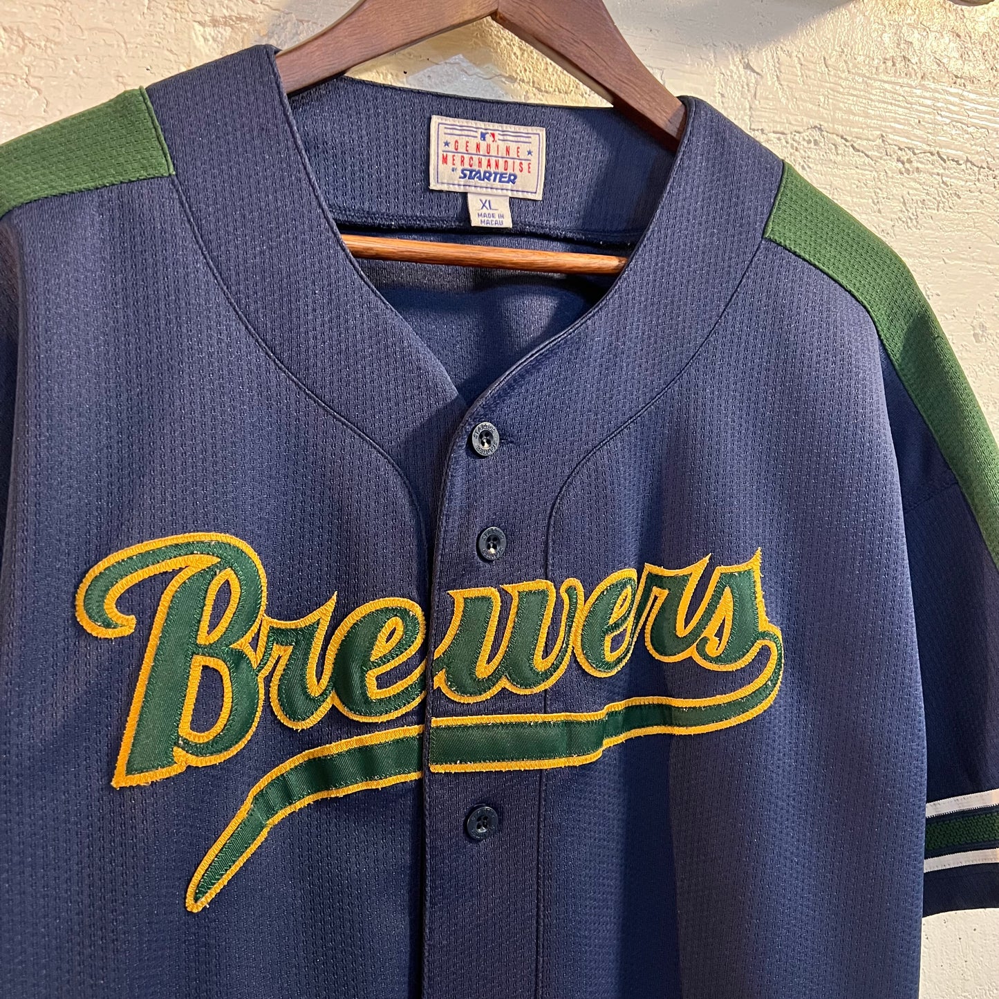 Vintage 90's Milwaukee Brewers Starter Stitched Baseball Jersey - Size XL - Navy/Green/Yellow