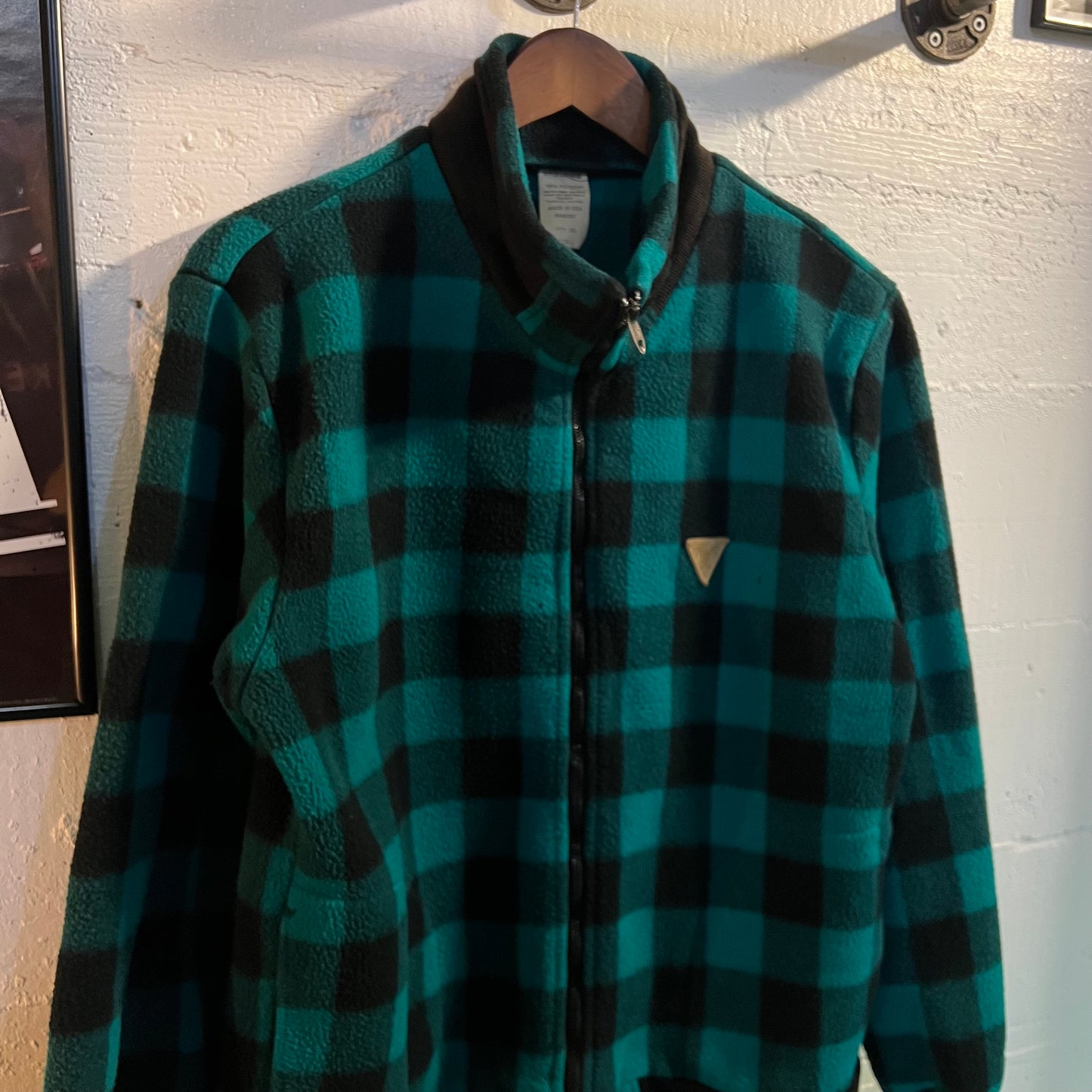 Vintage 90's Union Bay Buffalo Plaid Zip-Up Fleece Jacket - Size Large - Made In USA - Teal/Black