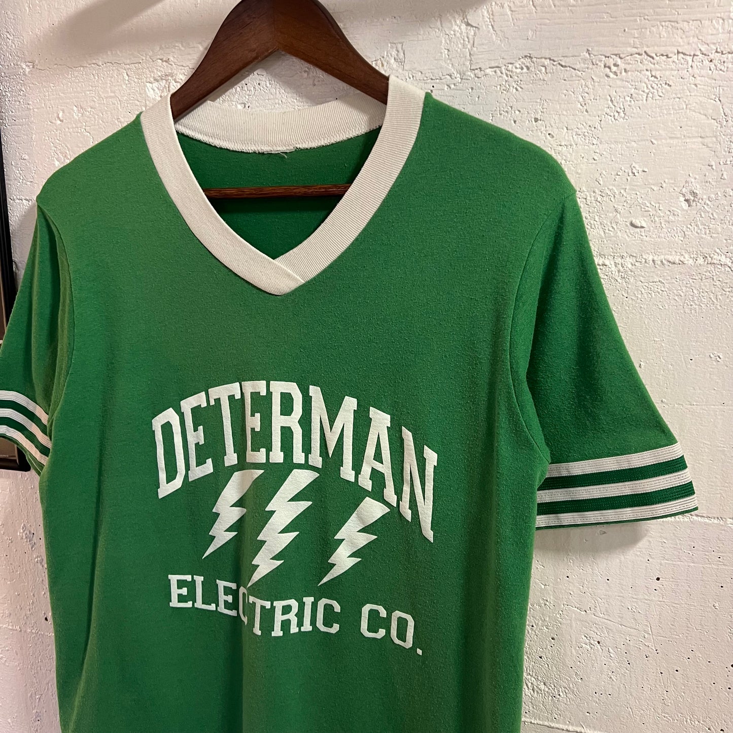 Vintage 80’s Determan Electric V-Neck Jersey Style T-Shirt - Size Medium - Green/White