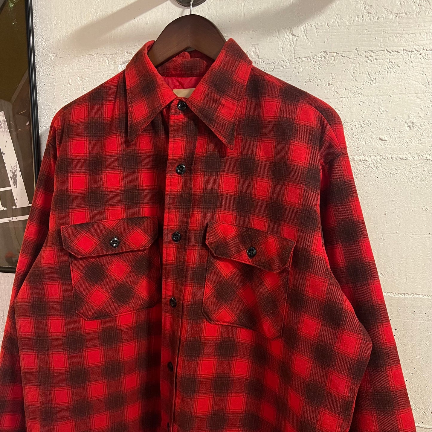 Vintage 1970's Sears Fieldmaster Quilt Lined Shadow Plaid Flannel Shirt Jacket - Size Large - Red/Black