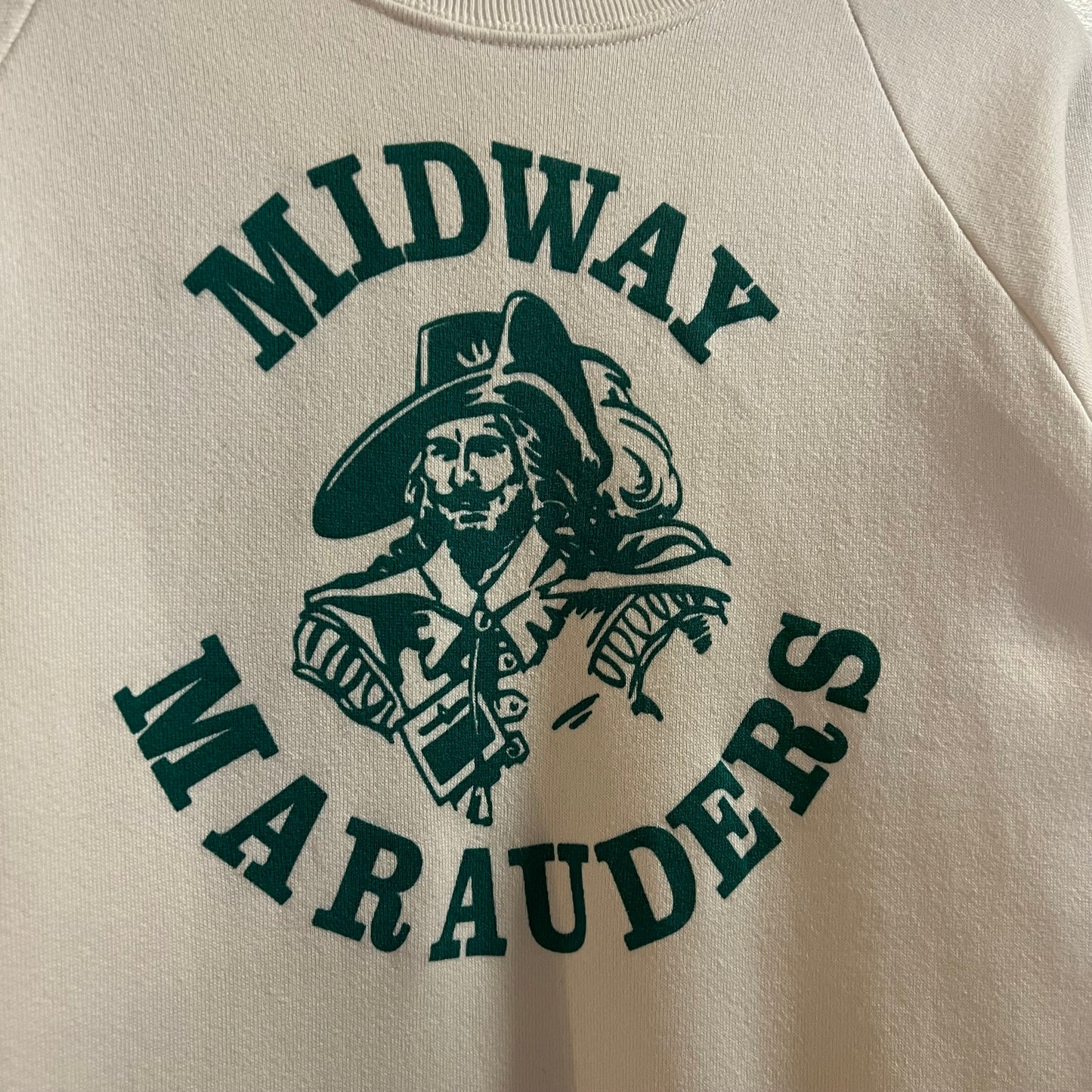 Vintage 80’s Jerzees Midway Marauders Raglan Sleeve Crewneck Sweatshirt - Size Small - Made In USA - White/Green
