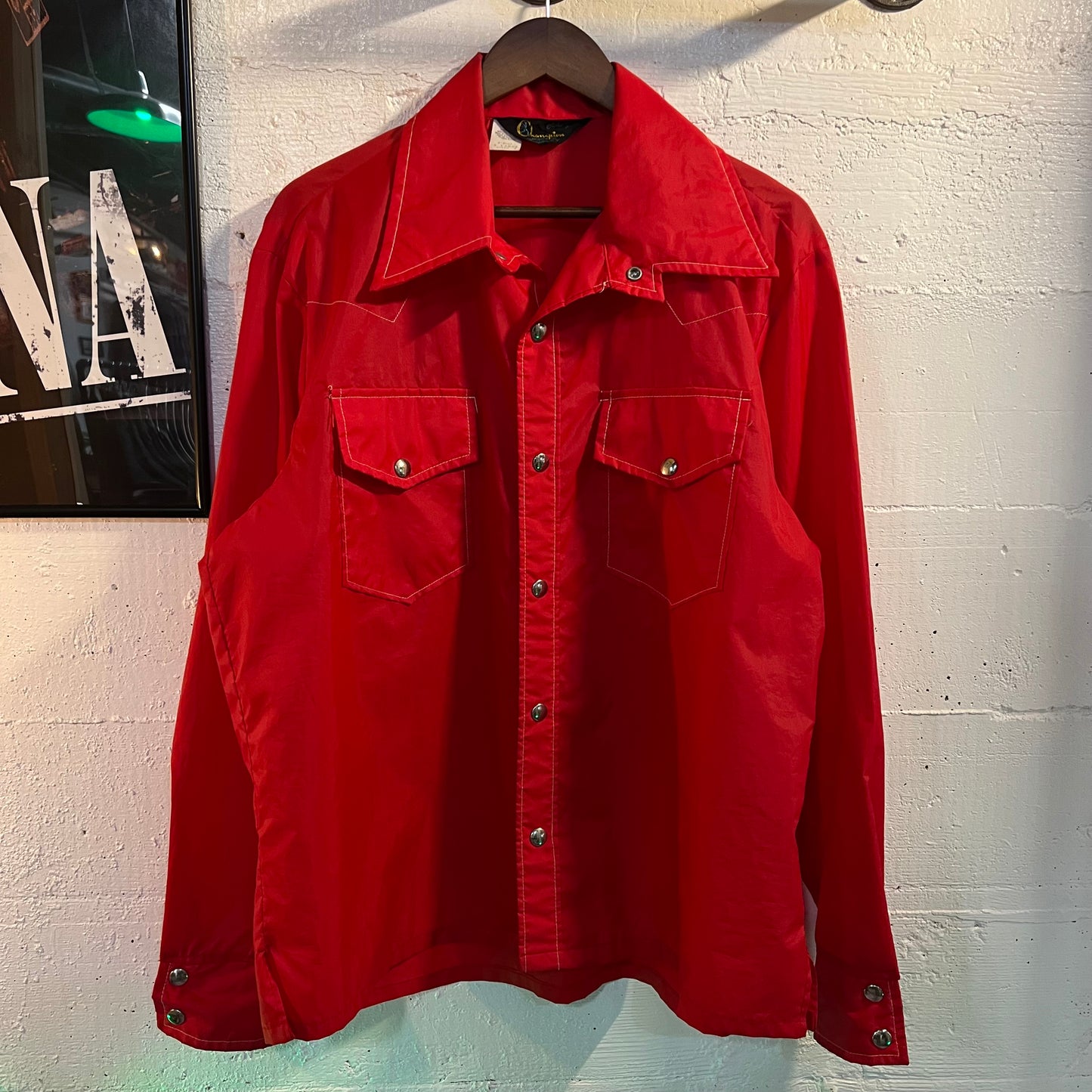True Vintage 60's Champion Running Man Rodeo Style Button Snap Nylon Jacket - Size XL - Made In USA - Red/White