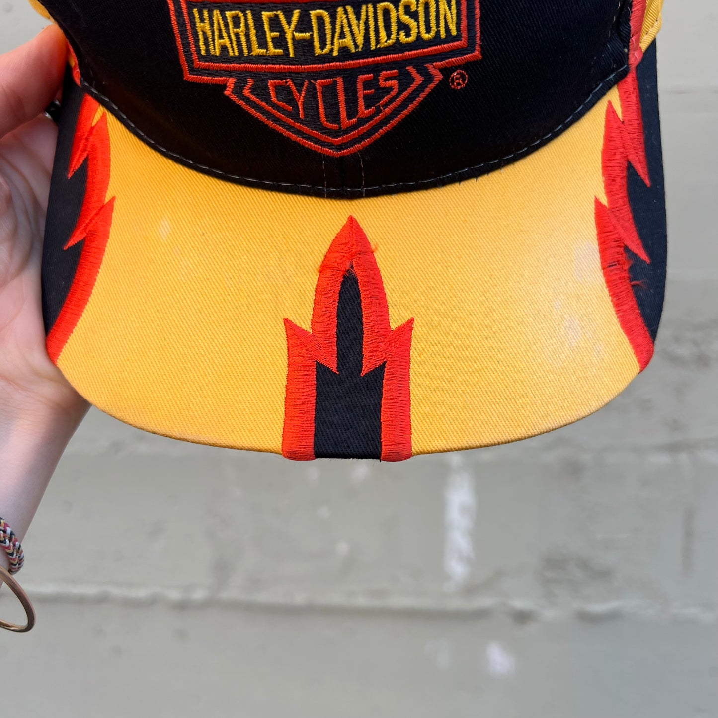 Vintage Y2K Harley Davidson Flame 6- Panel Snapback Hat - O/S - Black/Orange/Yellow
