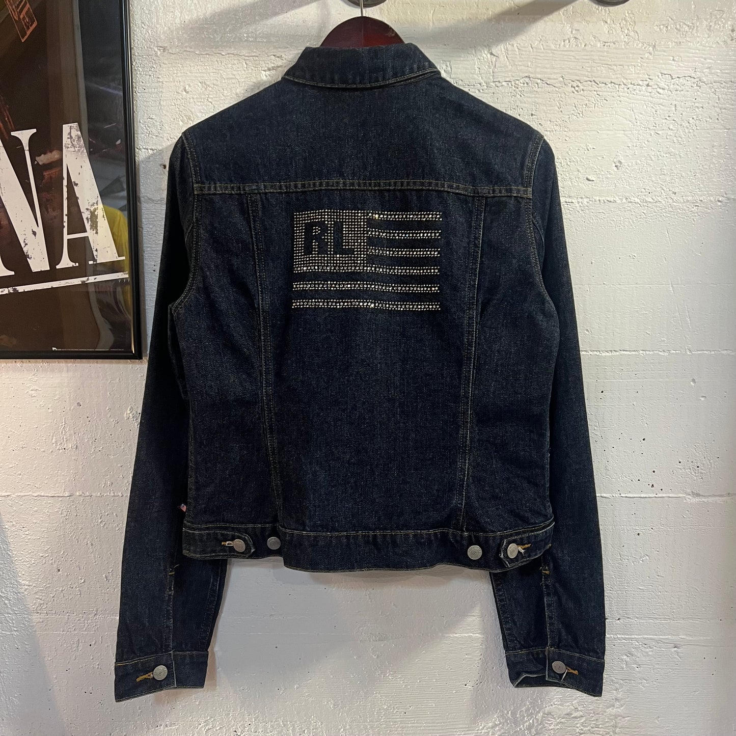 Vintage Polo Jeans Co. Ralph Lauren Rhinestone Flag Denim Trucker Jacket - Size XL - Raw Dark Indigo