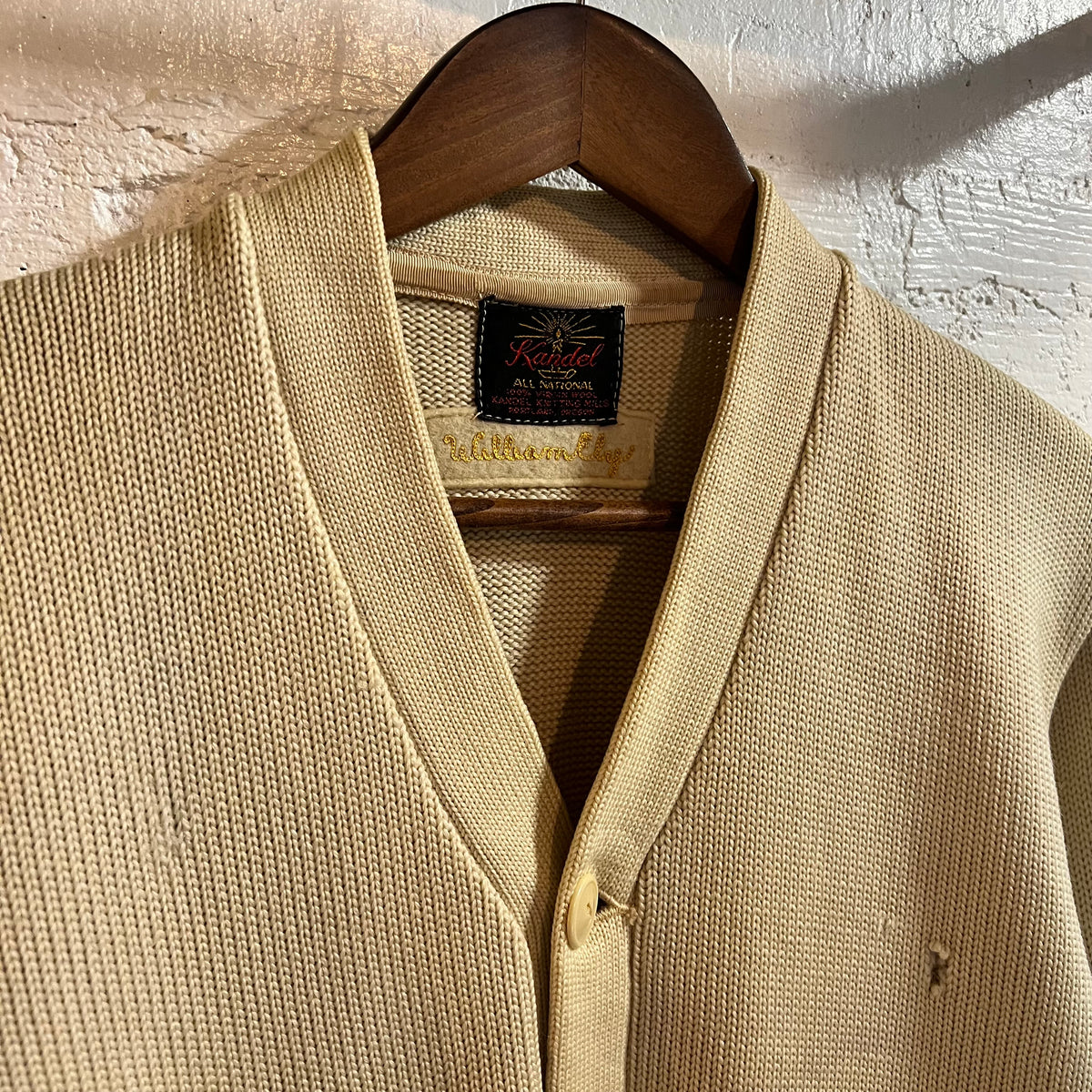 True Vintage Distressed 1950's Kandel Knitting Mills Virgin Wool Varsity Letterman Cardigan Sweater - Size Large - Made In USA - Off-White/Cream/Purple