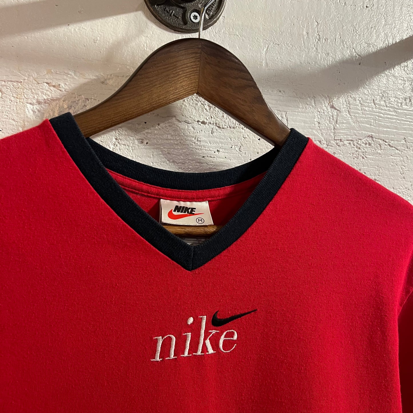 Vintage 90’s Embroidered Nike V-Neck Ringer Baby Tee - Size Medium - Made In USA - Red/Black/White