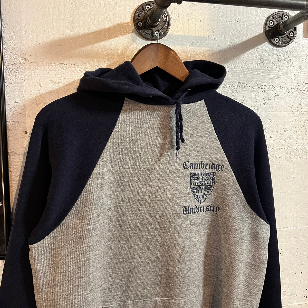 Vintage Cambridge University Raglan Sleeve Hoodie Sweatshirt - Size Small - Heather Grey/Navy