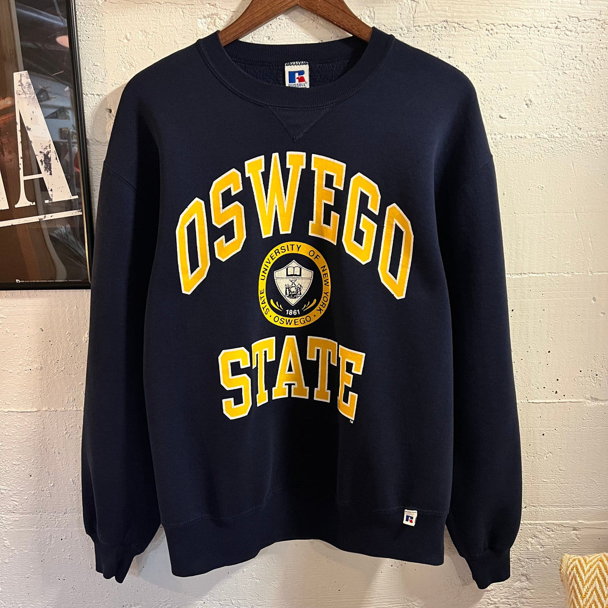Vintage 90’s Russell Athletic Oswego State University, NY Crewneck Sweatshirt - Size Large - Made In USA - Navy/Yellow/White