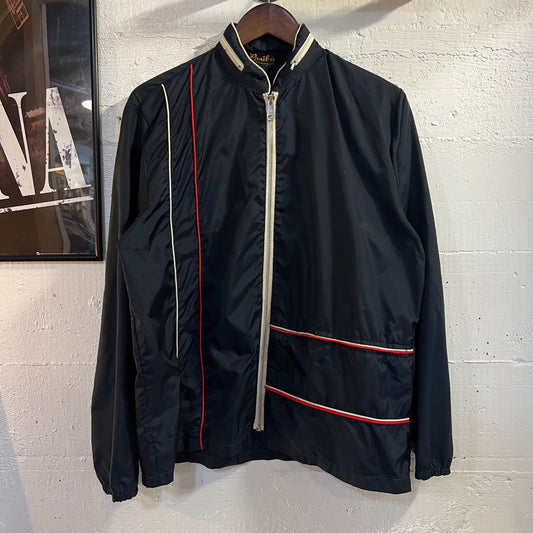 Vintage 1970's Caribu By Briarcliff Piping Racer Style Zip Nylon Windbreaker Jacket - Size Medium - Navy/Red/White