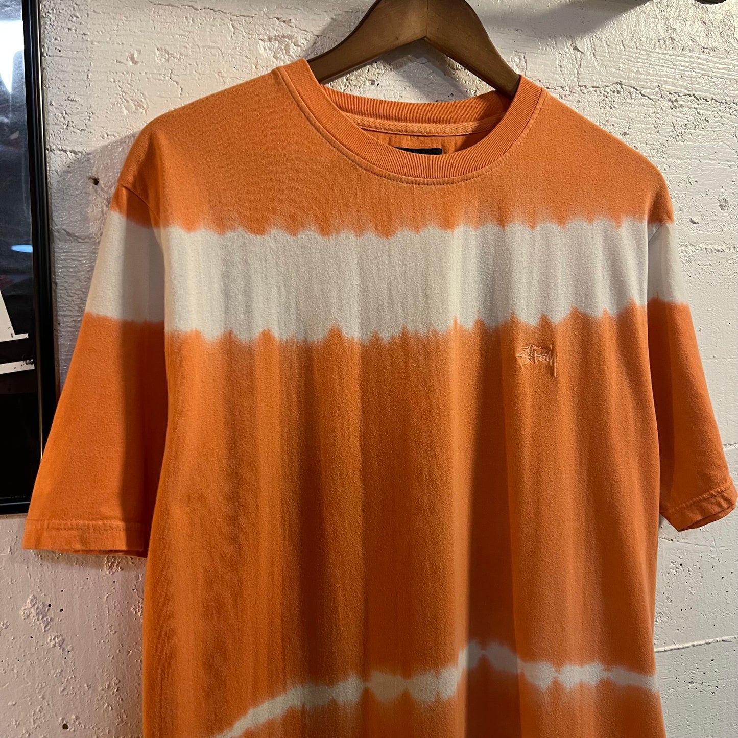 *Pre-Owned* Stüssy Bleach Dyed Embroidered Logo T-Shirt - Size Medium - Coral/White