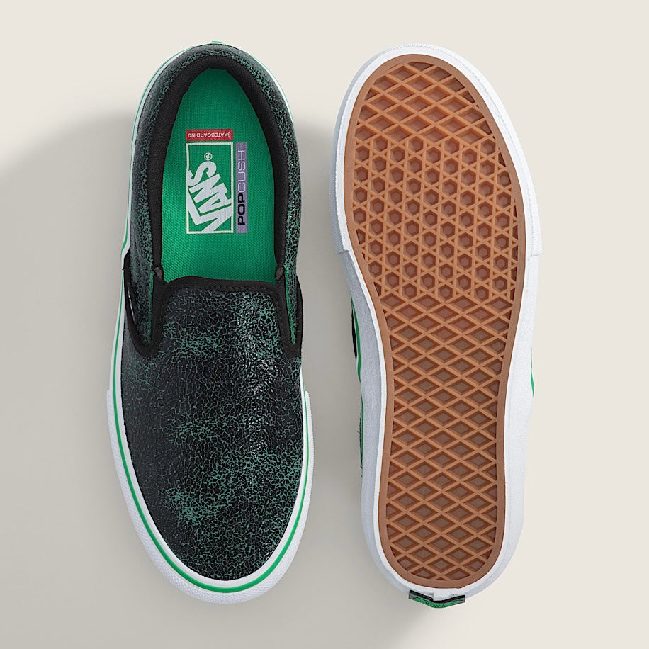 *New* Vans Skate Slip On Shoe - Size 10.5M/11.5W - Cracked Leather/Black/Green - VN000EG5YJ7