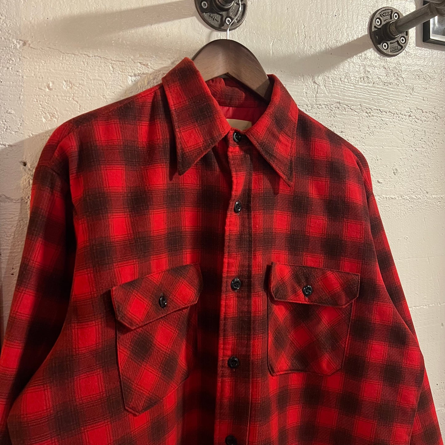 Vintage 1970's Sears Fieldmaster Quilt Lined Shadow Plaid Flannel Shirt Jacket - Size Large - Red/Black