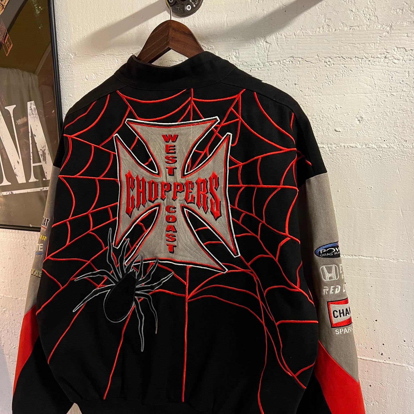 Vintage West Coast Choppers Mac Tools Embroidered Spider Web Racing Jacket - Size Medium - Black/Red/Gray