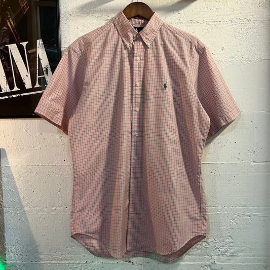 Vintage 90's Polo Ralph Lauren Tattersall Check Plaid Short Sleeve Oxford Shirt - Size Medium - Pink/Green