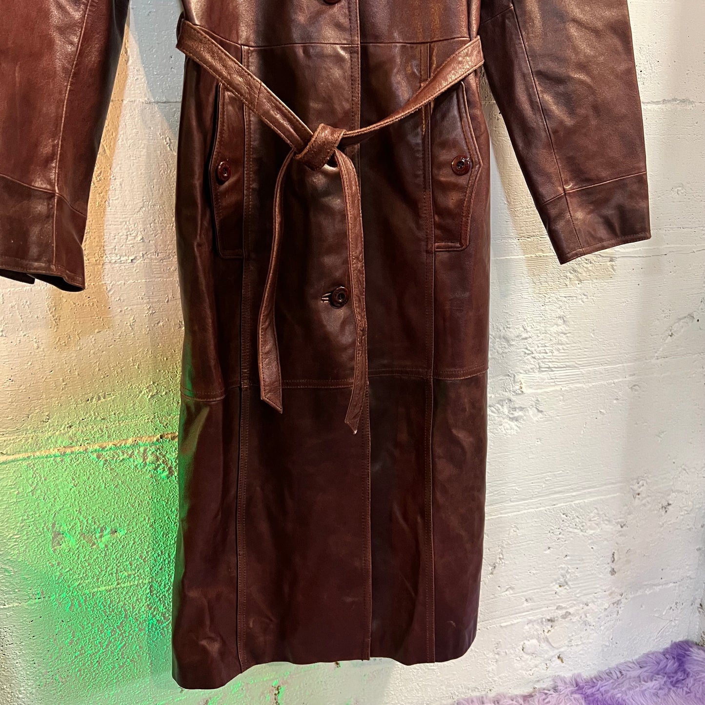 Vintage Maxima By Wilsons Belted Leather Oxblood Long Leather Trench Coat - Size Medium - Oxblood