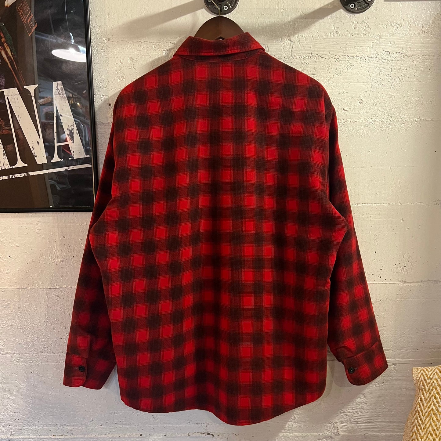 Vintage 1970's Sears Fieldmaster Quilt Lined Shadow Plaid Flannel Shirt Jacket - Size Large - Red/Black