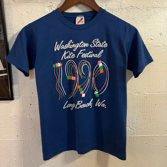Vintage 1990 Long Beach, WA State Kite Festival Baby T-Shirt - Size Youth Large - Made In USA - Blue/White/Multi