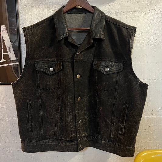Vintage Harley Davidson Black Denim & Leather Eagle Patch Vest - Size L/XL - Black