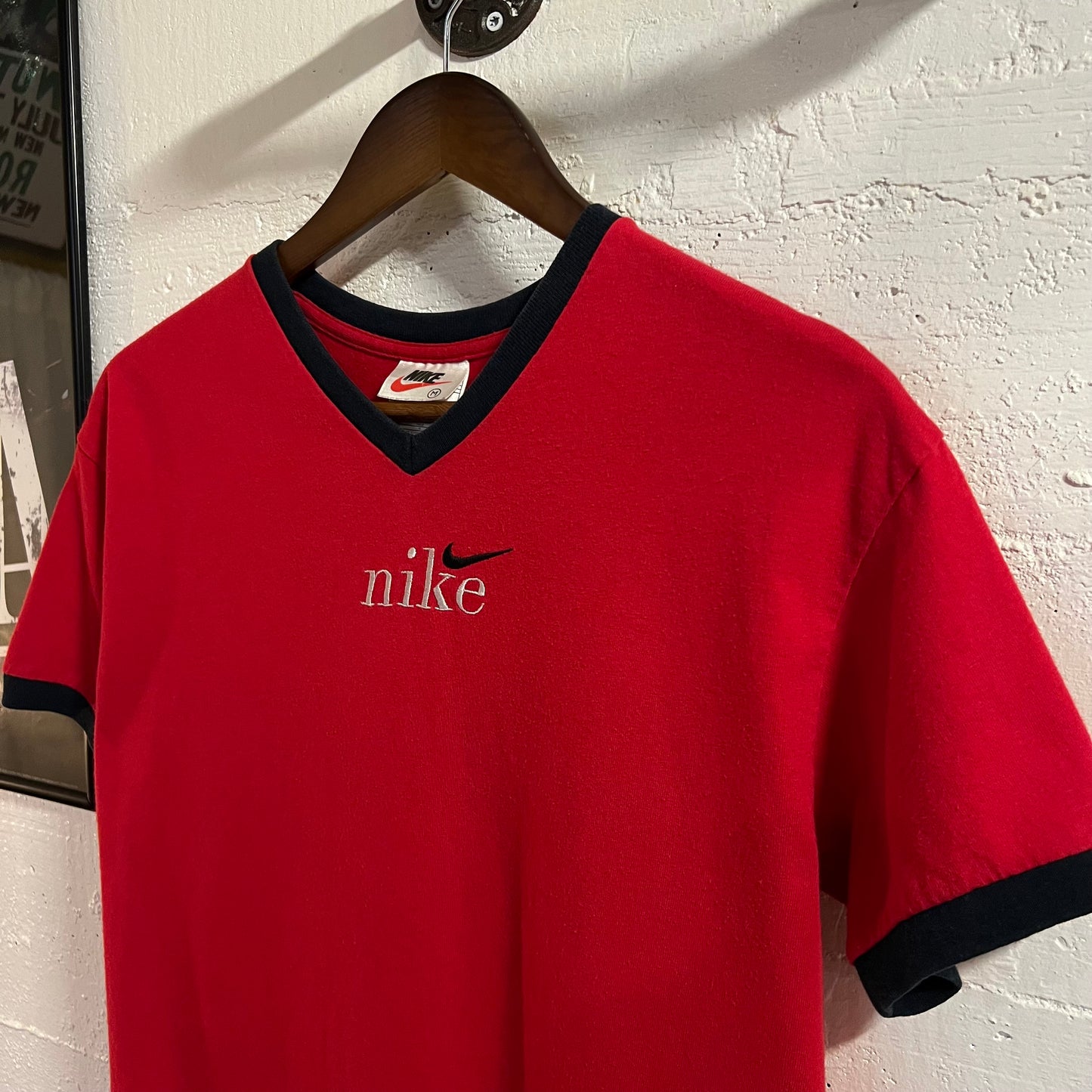 Vintage 90’s Embroidered Nike V-Neck Ringer Baby Tee - Size Medium - Made In USA - Red/Black/White