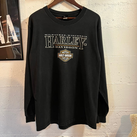 Vintage 2003 Harley Davidson Milwaukee, Wisconsin Graphic Long Sleeve T-Shirt - Size Large - Made In USA - Black/Multi