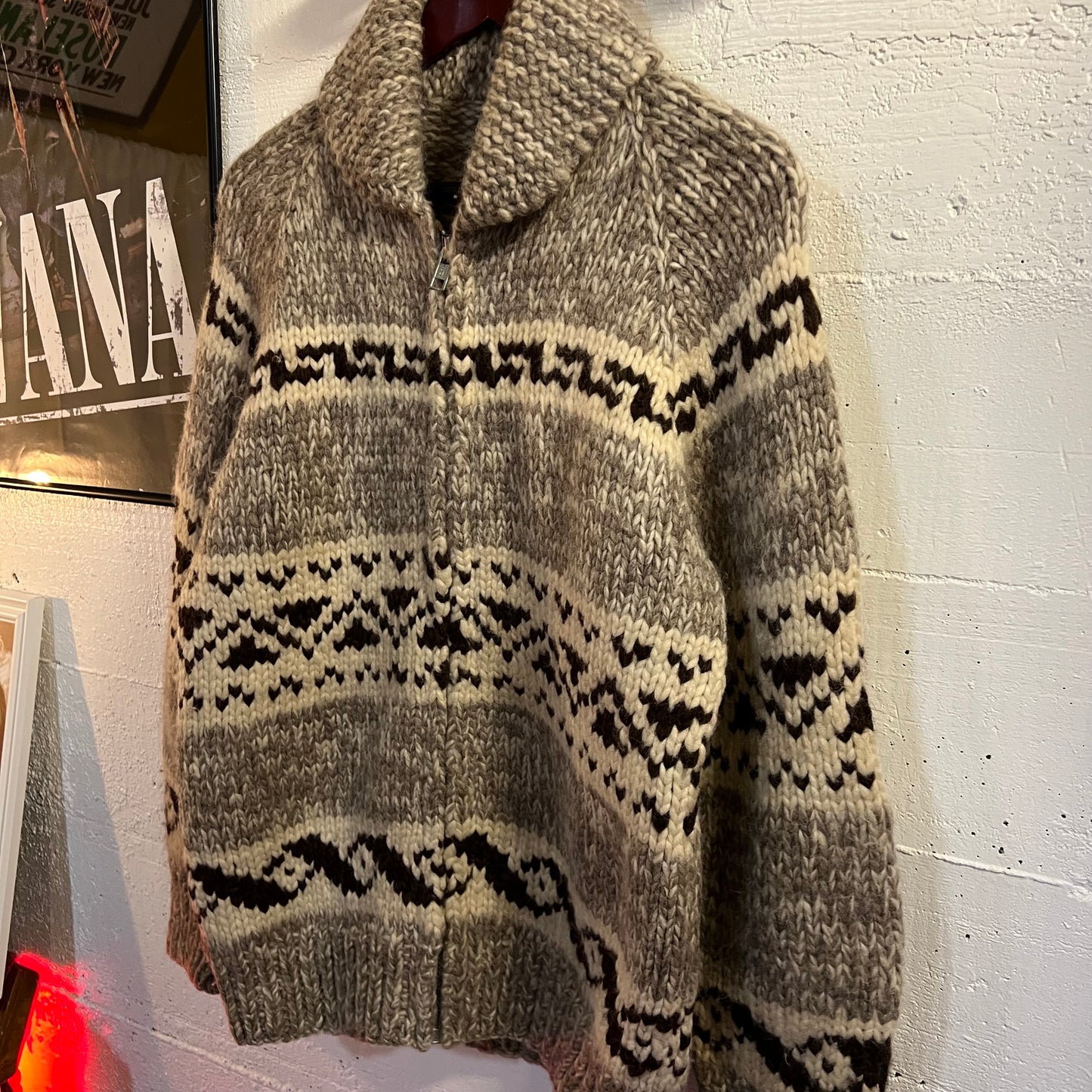 Vintage 60's Cowichan Intarsia Heavy Knit Wool Sweater Acme Zipper - Size Large - Made In USA - 100% Wool