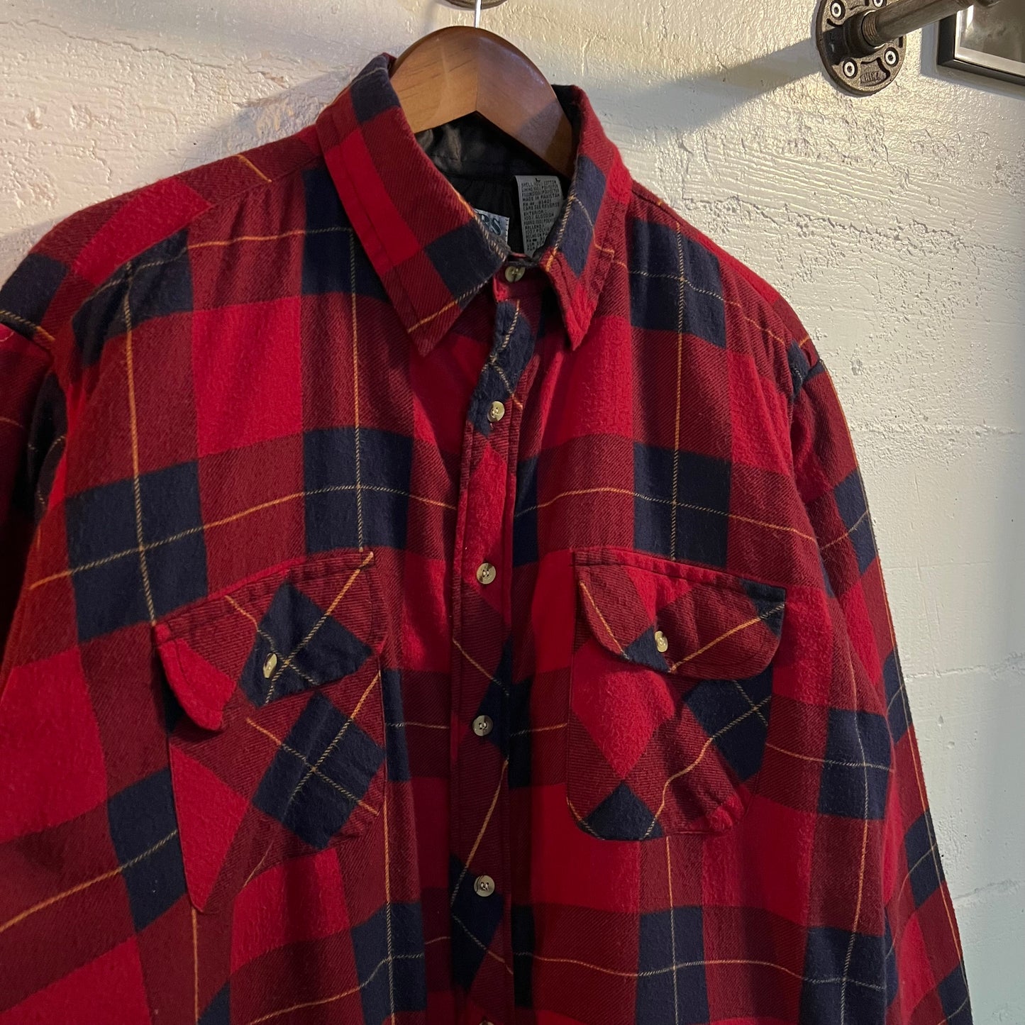 Vintage 90's Quilted Heavyweight Plaid Flannel Overshirt - Size Large - Maroon/Navy Plaid