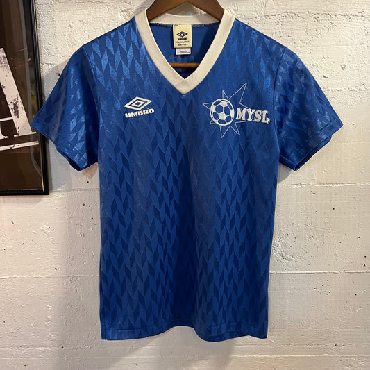 Vintage 90’s Umbro ‘Murrieta Oaks Nursery’ #13 Soccer Jersey - Size Youth Large - Made In USA - Blue/White